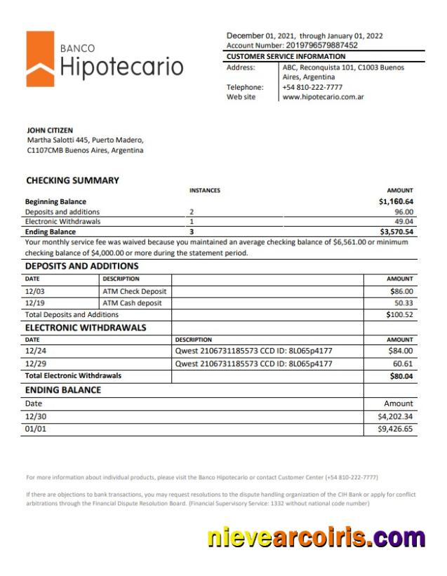 Argentina Banco Hipotecario bank statement